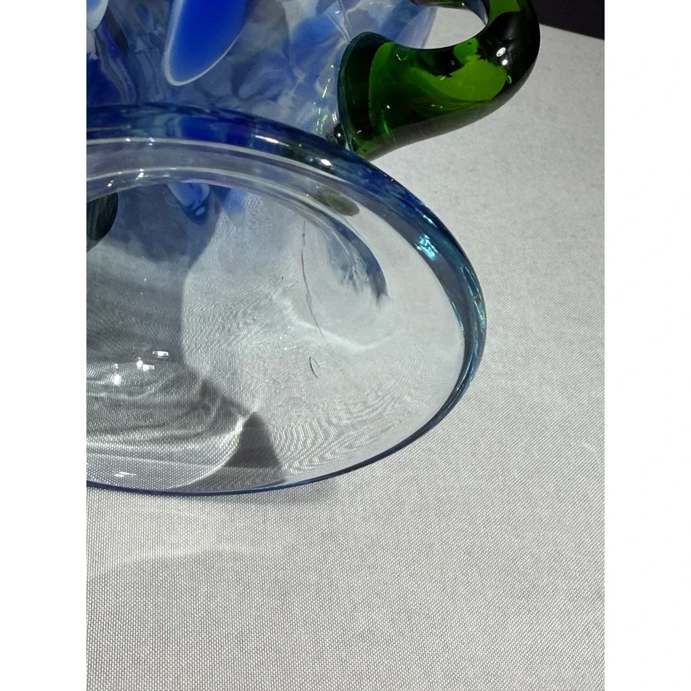 Pier 1 Imports Blue white Swirl Hand Blown Glass Vase with Green Handles